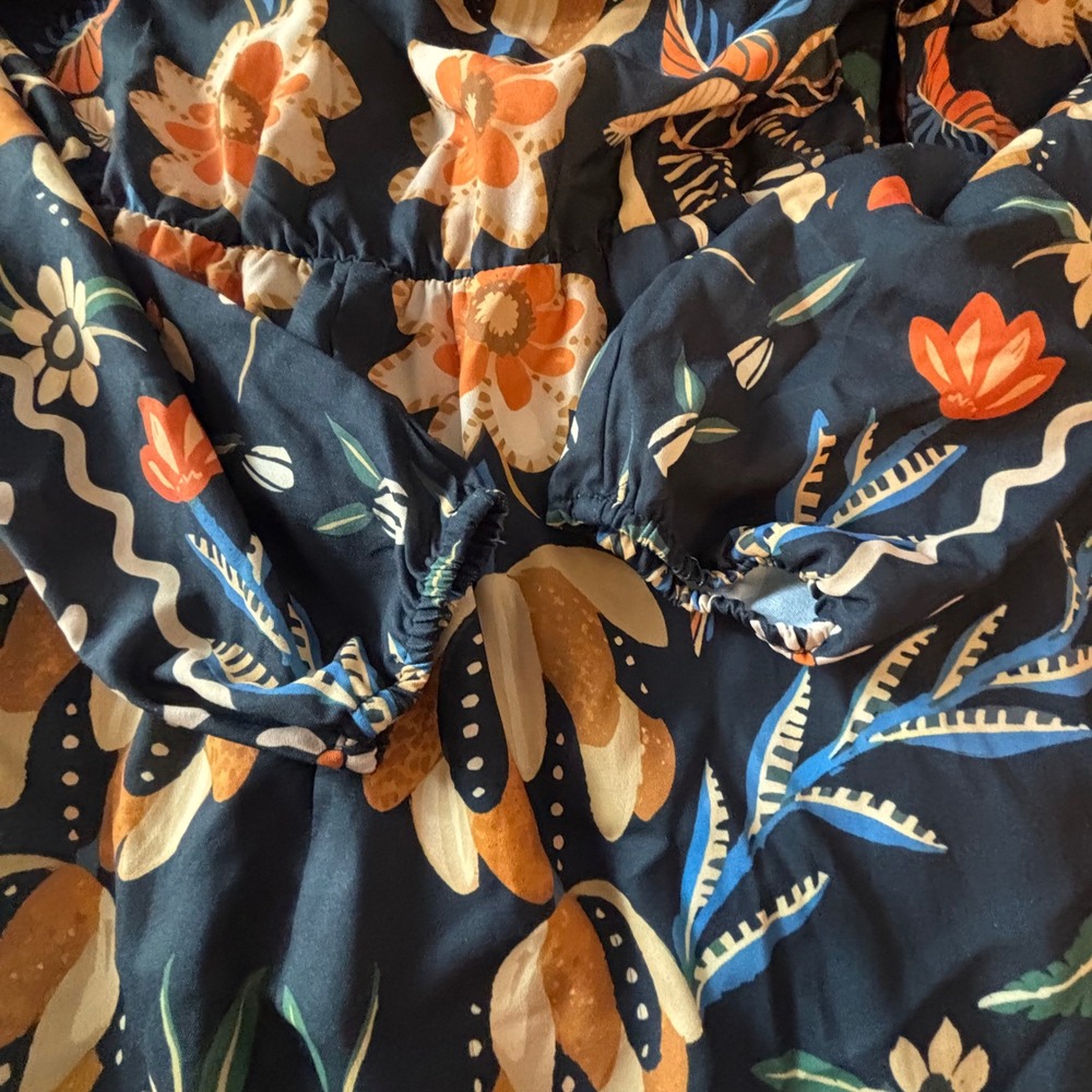 BloomChic Navy Floral Bird Print Midi Dress Long Sleeve Pockets Womens Size 10 - Picture 8 of 11